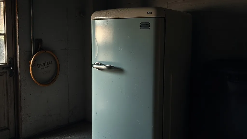An old vintage refrigerator in a dimly lit garage, dusty but