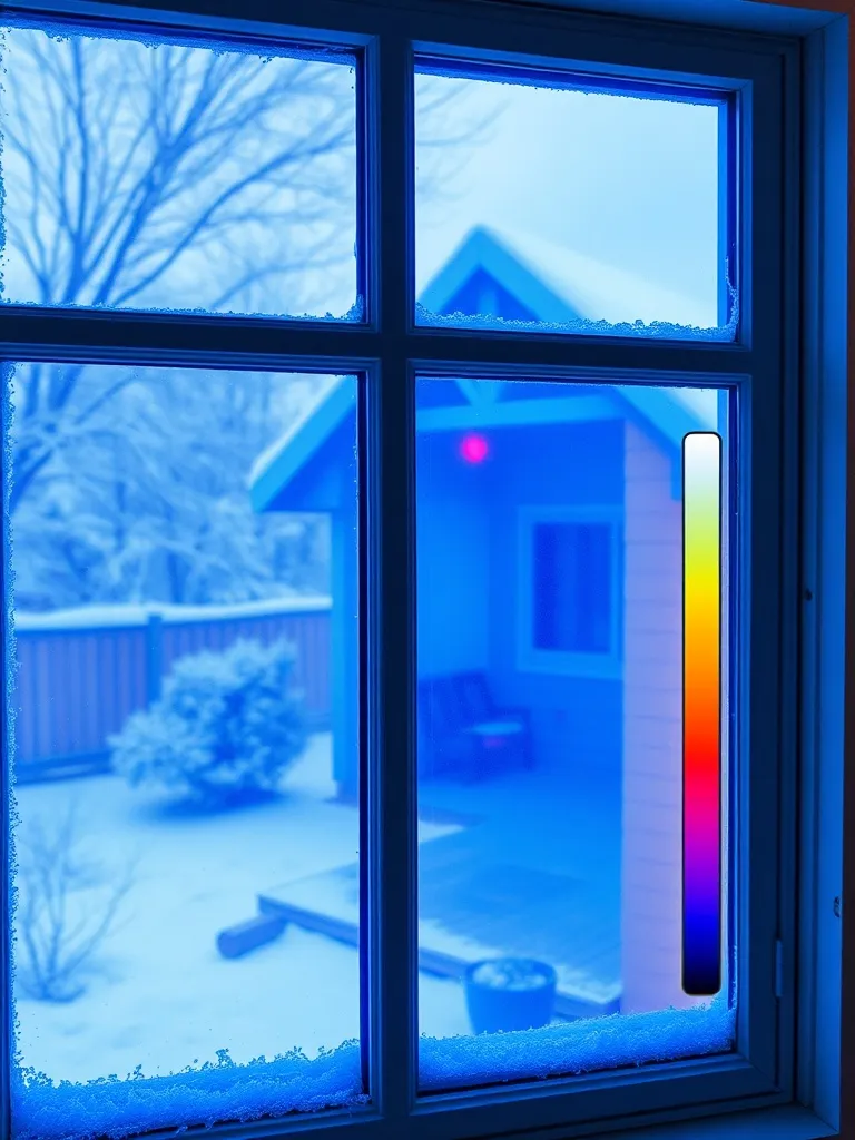 A thermal imaging camera screen showing a house window in wi