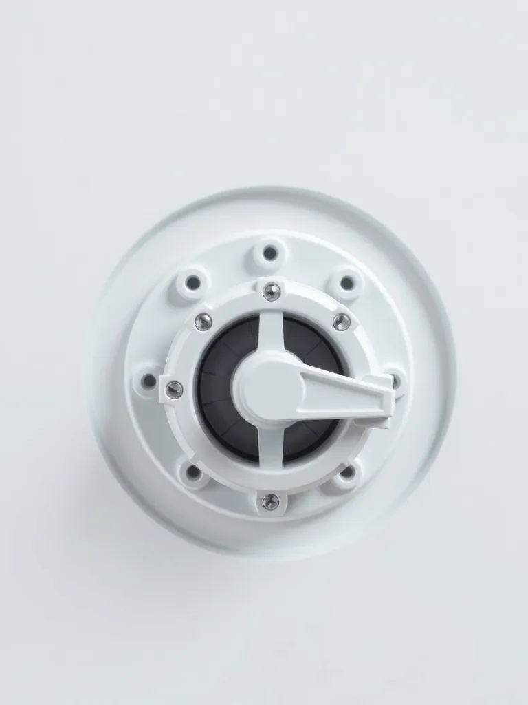 A technical close-up of a modern ventilation valve on a whit