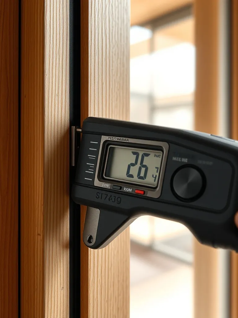 A close-up of a wooden window frame with a professional ther